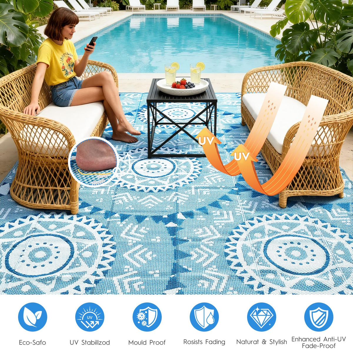 Alfolo reversible boho navy and white rug offering two stylish looks