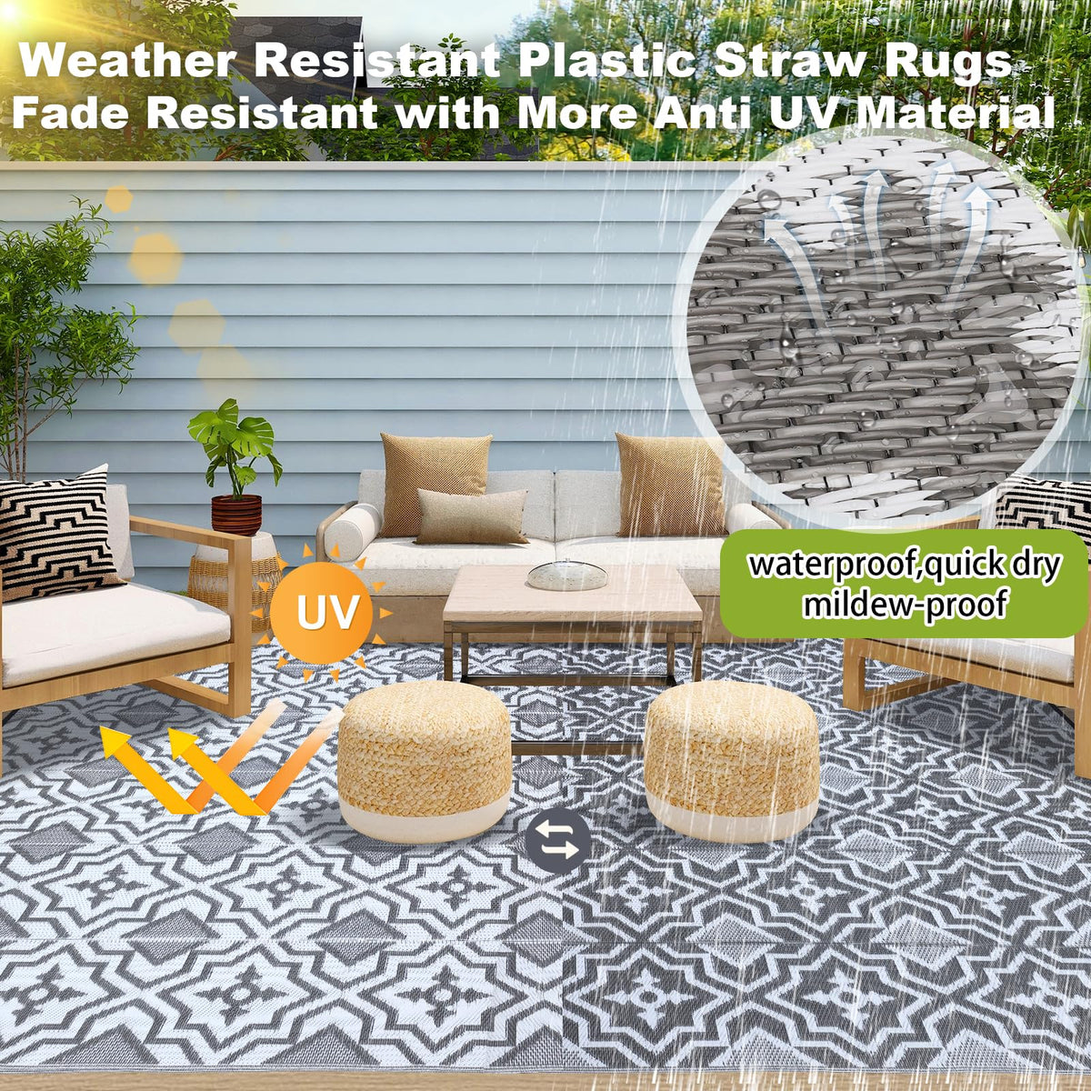 Alfolo reversible plastic straw rug offers two looks for porch or balcony