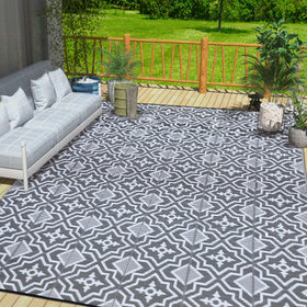Alfolo waterproof outdoor rug 8x10 grey and white for patios and decks
