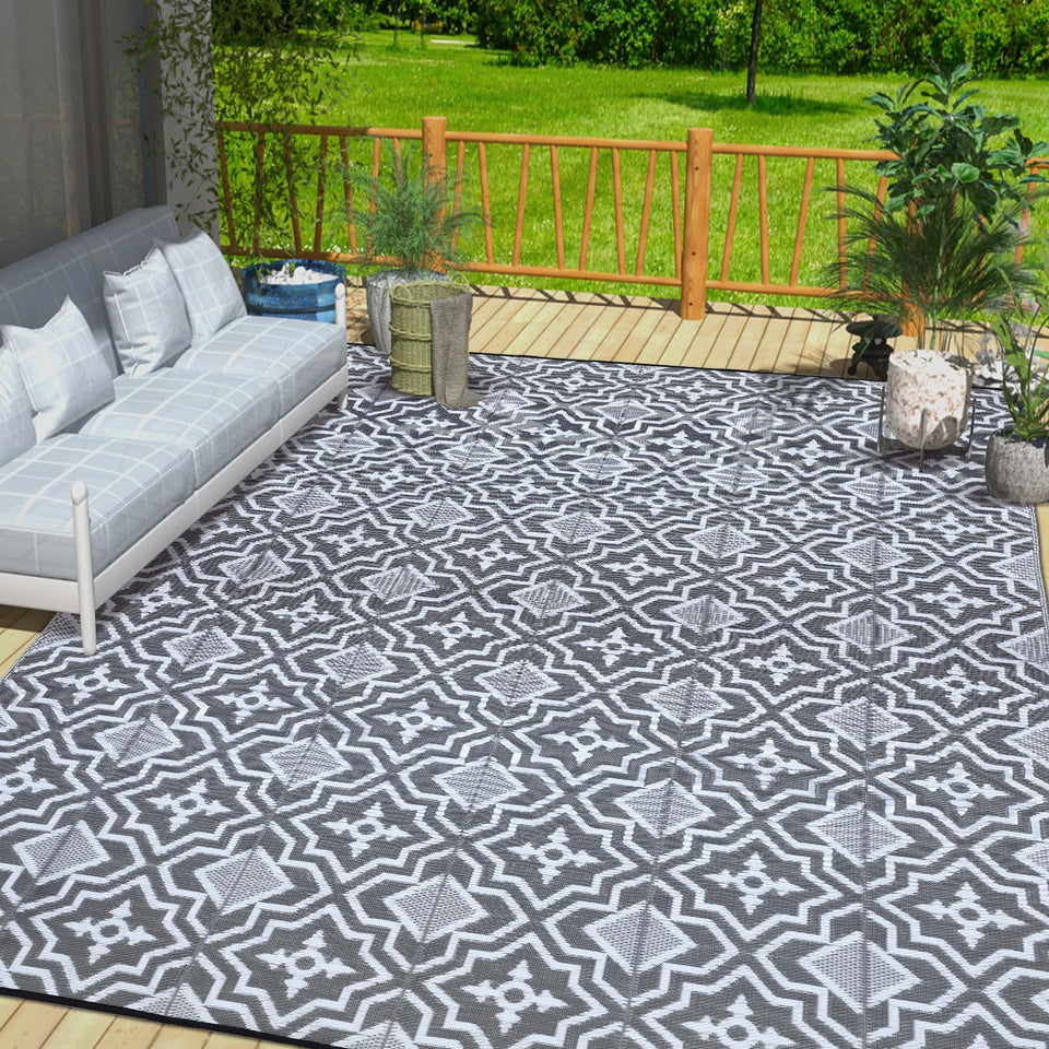 Alfolo waterproof outdoor rug 8x10 grey and white for patios and decks