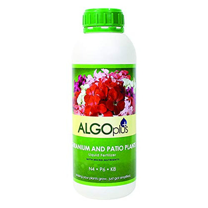 AlgoPlus 514 geranium liquid fertilizer bottle pour promotes more blooms and sturdier stems