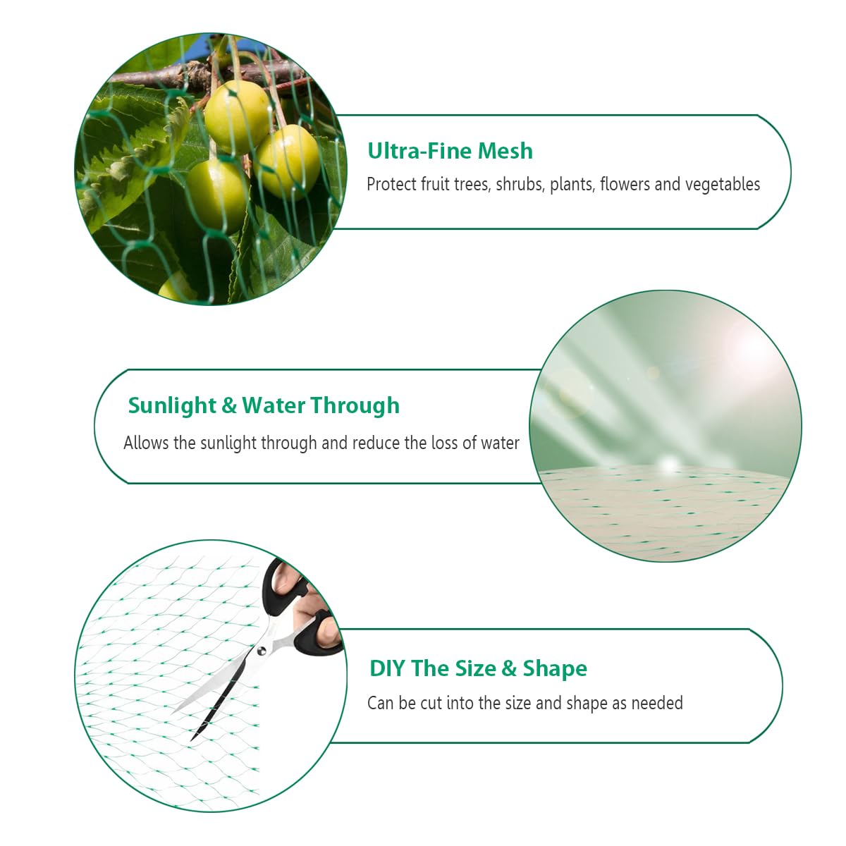 Aliagle bird netting over fruit trees deters birds and mammals, reducing crop loss