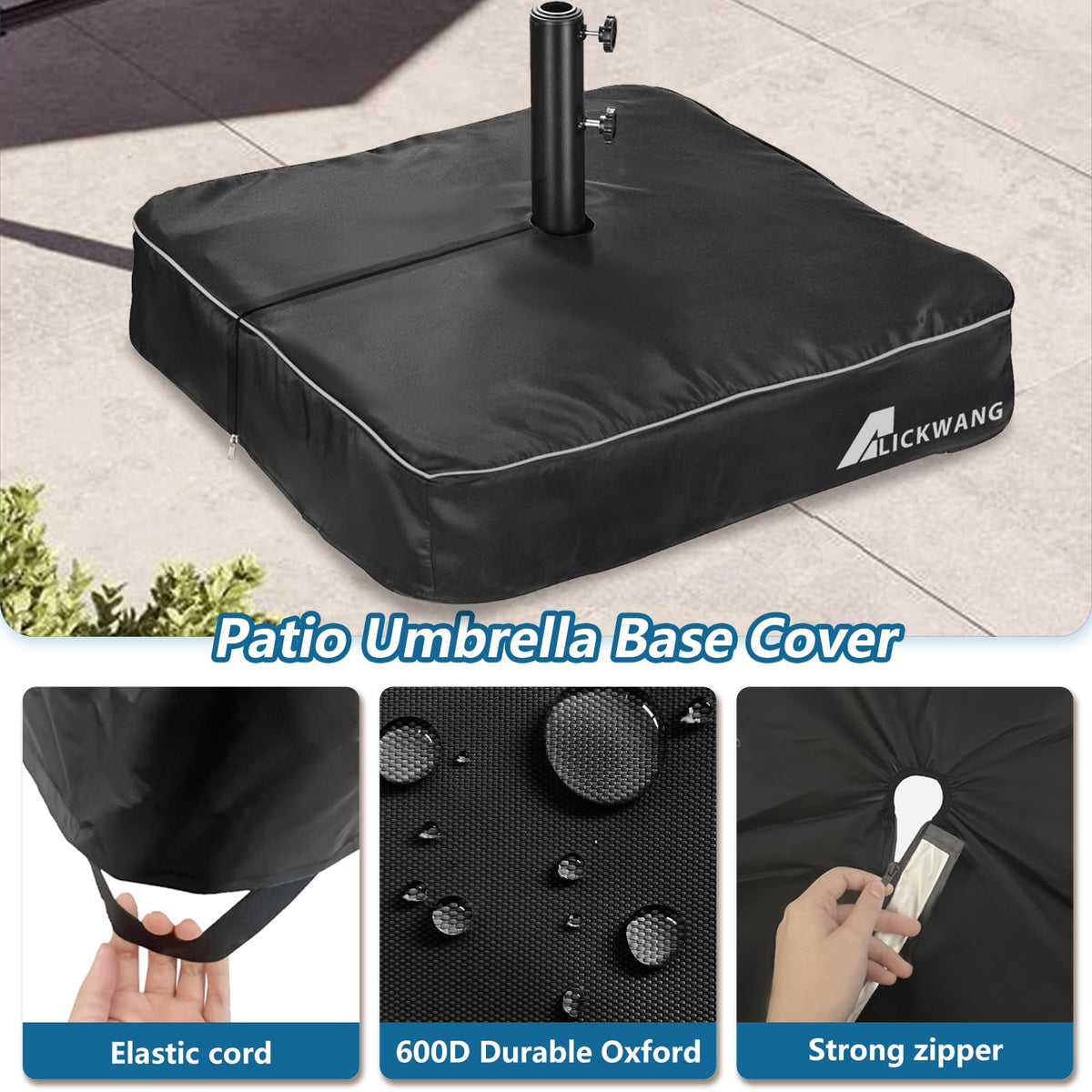 Alickwang base cover features elastic bottom corners to stay secure in windy conditions.