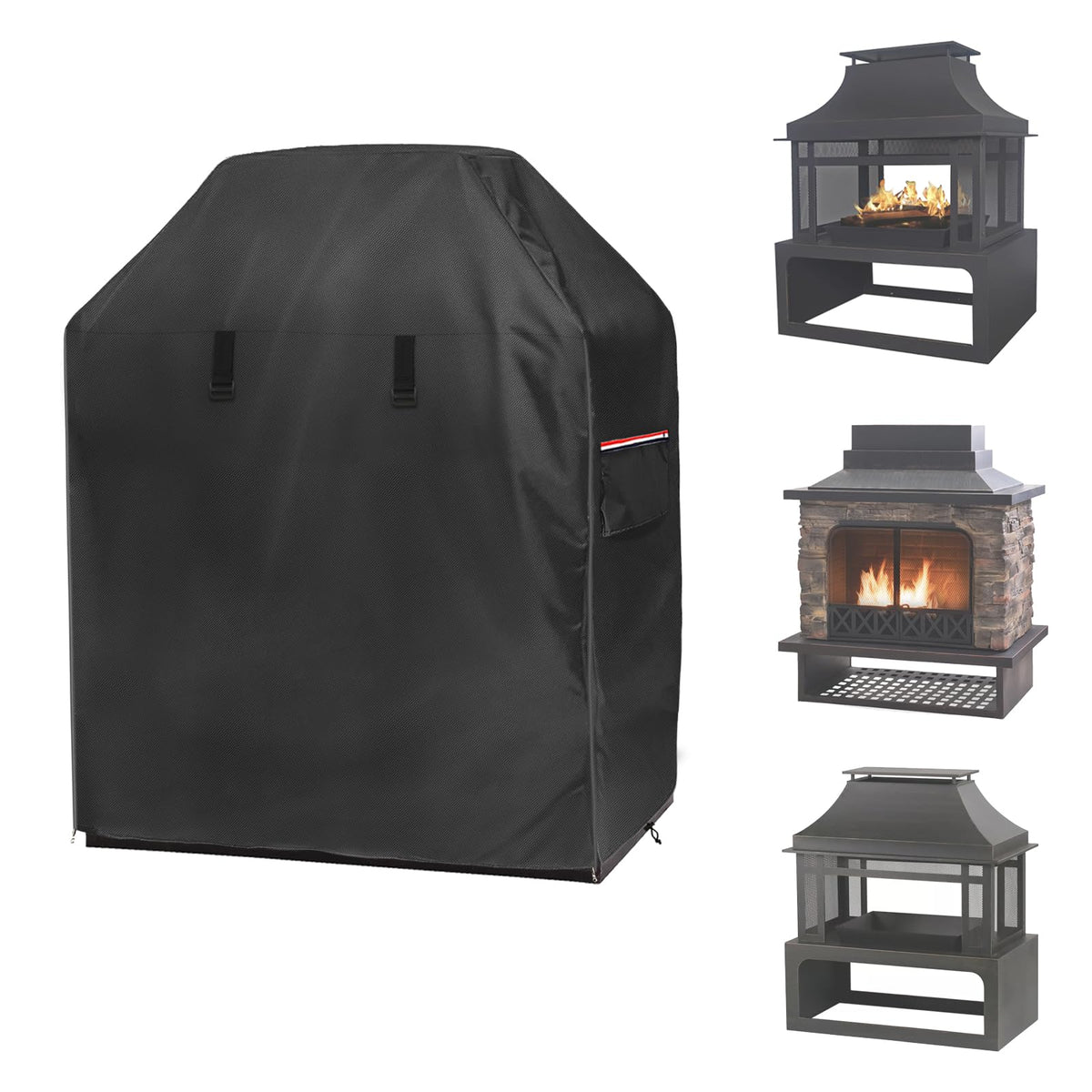 Alickwang outdoor fireplace cover shields a 42-inch tall wood-burning unit from rain.