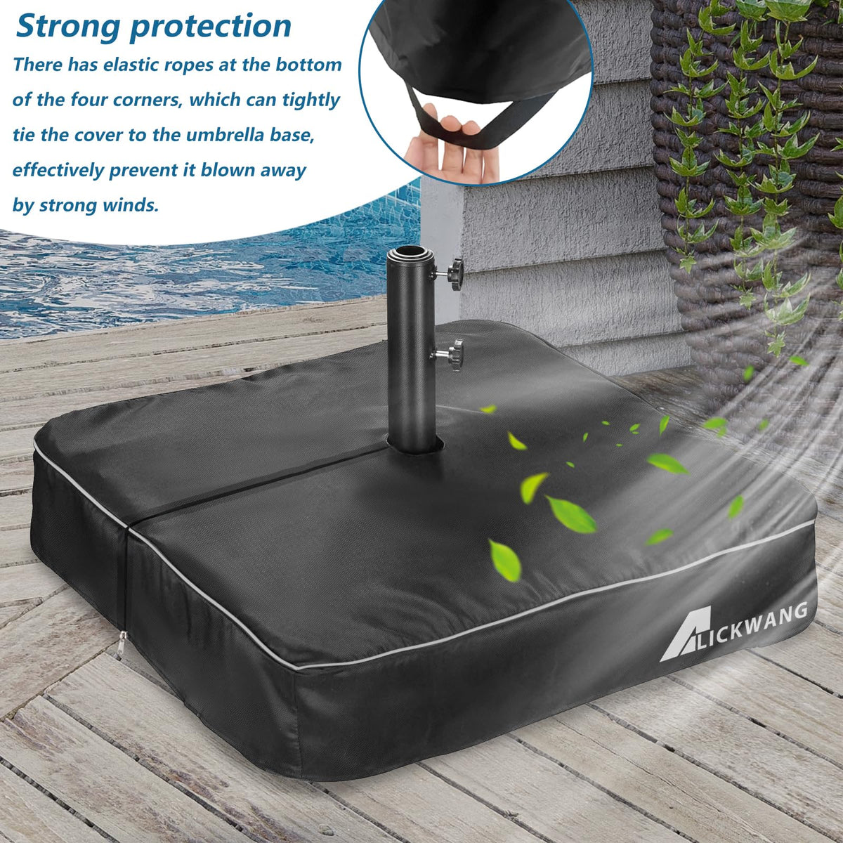 Alickwang cover fits square bases up to 36 by 36 inches for versatile use.