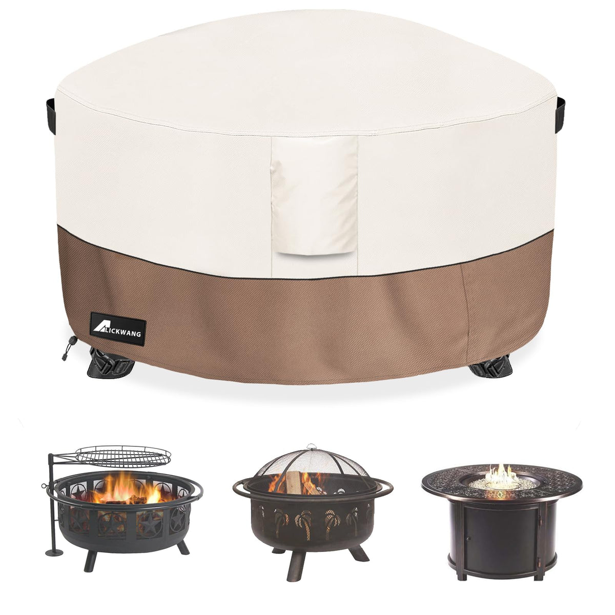 Alickwang 36in beige round fire pit cover protects against rain and sun