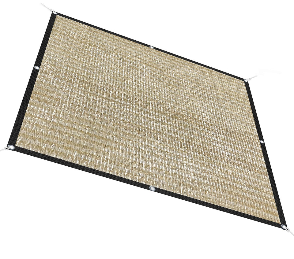Alion Home 50% sunblock shade cloth in beige over garden beds provides sun protection.