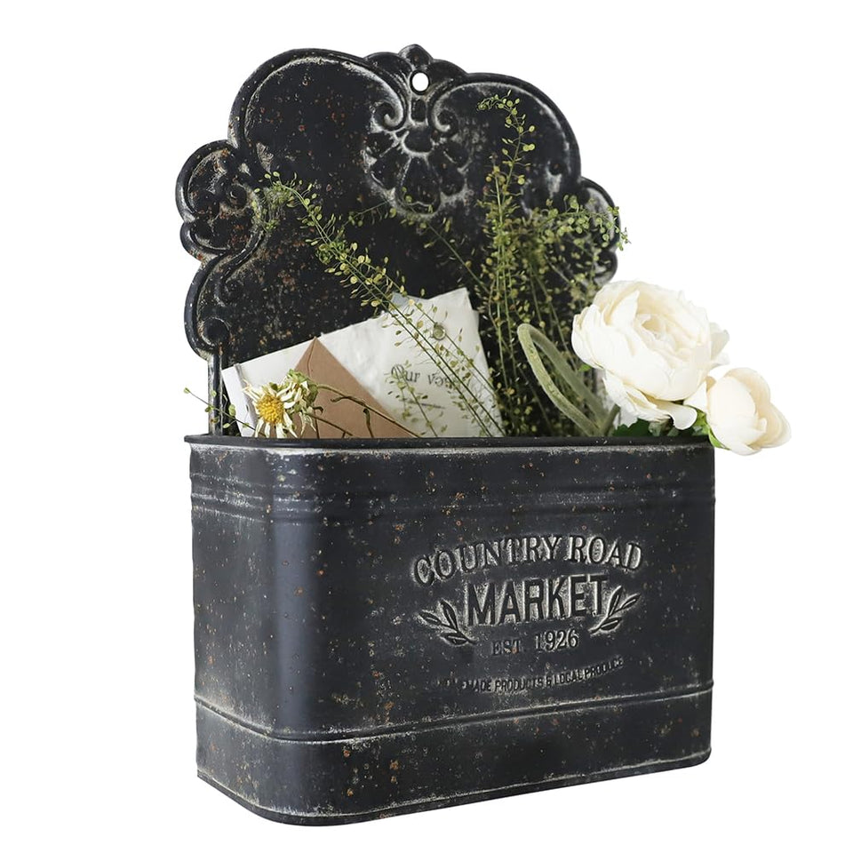 All Chic black metal wall planter front view for rustic farmhouse decor