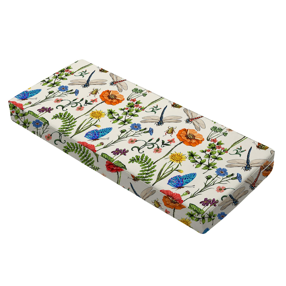 All Smiles bench cushion 48x18 front view showing outdoor seating setup for porch or deck use