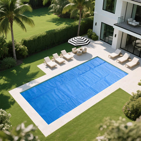 Allaren solar pool cover installed on pool protects water from debris and sun
