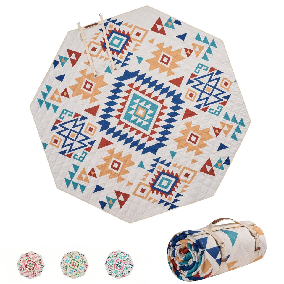 ALLBFENG 87x87 inch octagon picnic blanket laid out for family picnic