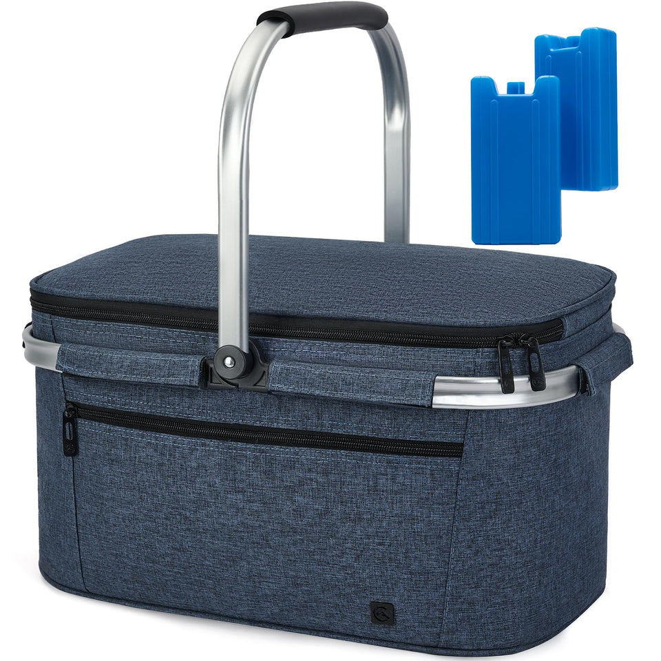 ALLCAMP Picnic Basket blue front view with generous 32L capacity for family outings