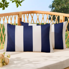 Allorry outdoor pillow cover in navy stripes, 12x20, two-pack, ideal for garden seating.