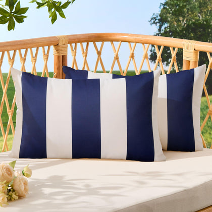 Allorry outdoor pillow cover in navy stripes, 12x20, two-pack, ideal for garden seating.
