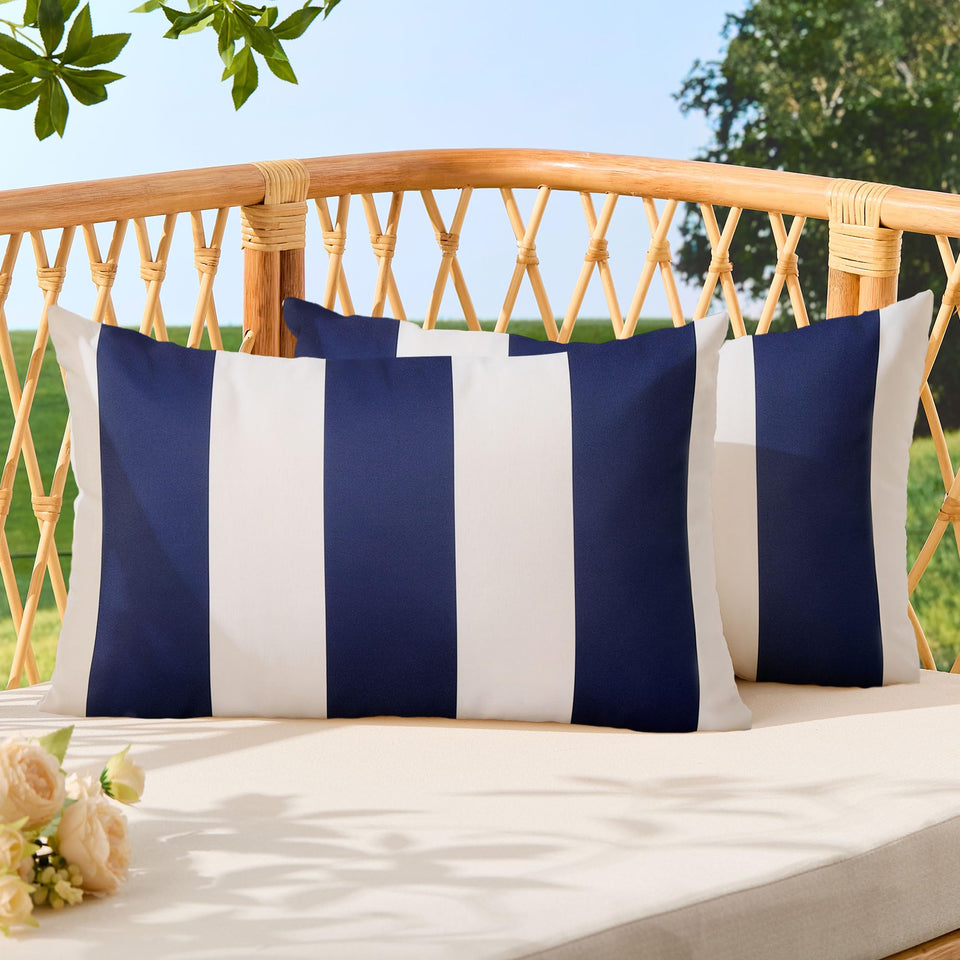 Allorry outdoor pillow cover in navy stripes, 12x20, two-pack, ideal for garden seating.