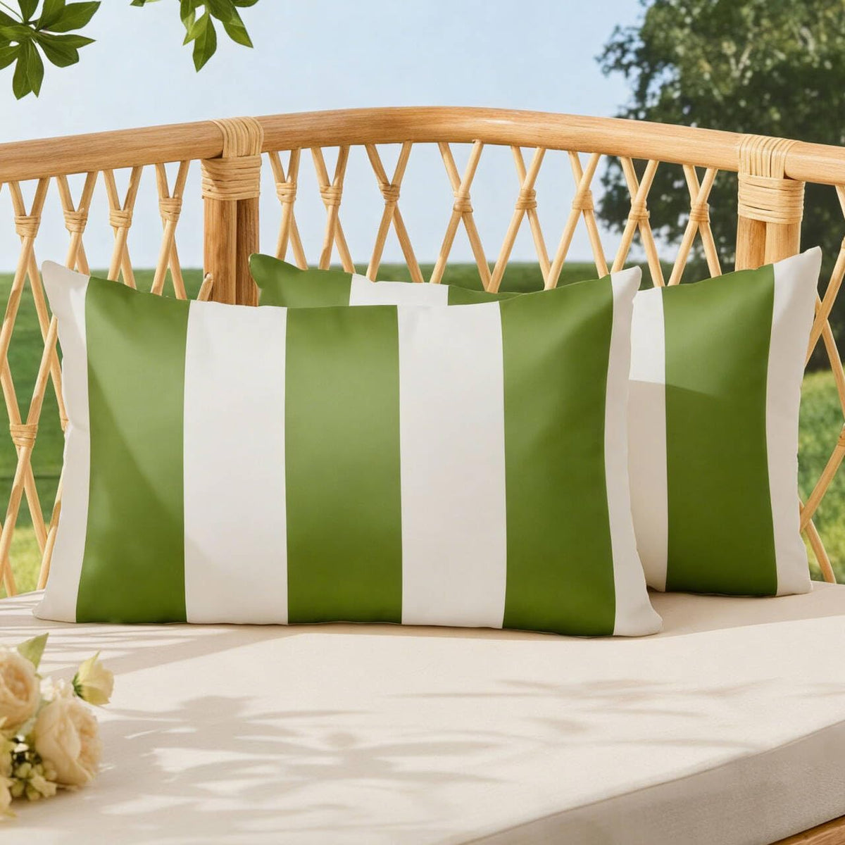Allorry outdoor pillow covers 12x20 olive green striped front view, water-repellent for outdoor use.