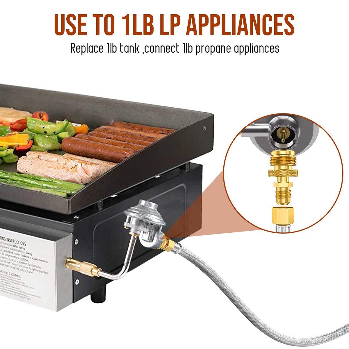 Alloxity 1lb-tank-to-portable-appliance adapter visual enables compact outdoor cooking.