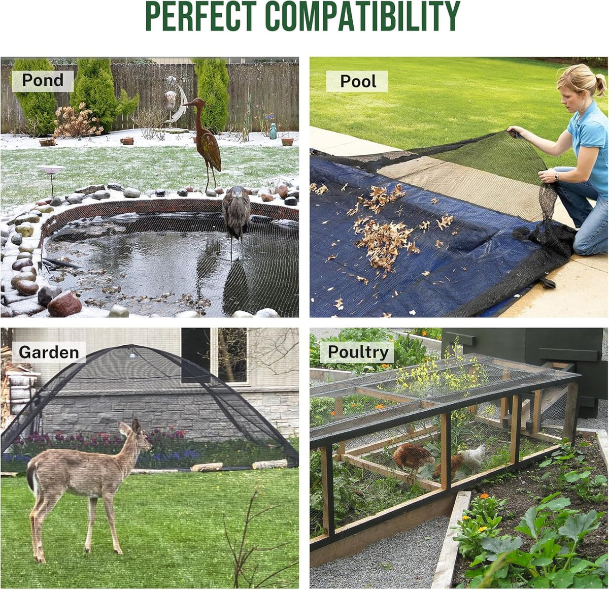 Alloxity pond netting includes stakes for quick anchoring and secure setup.