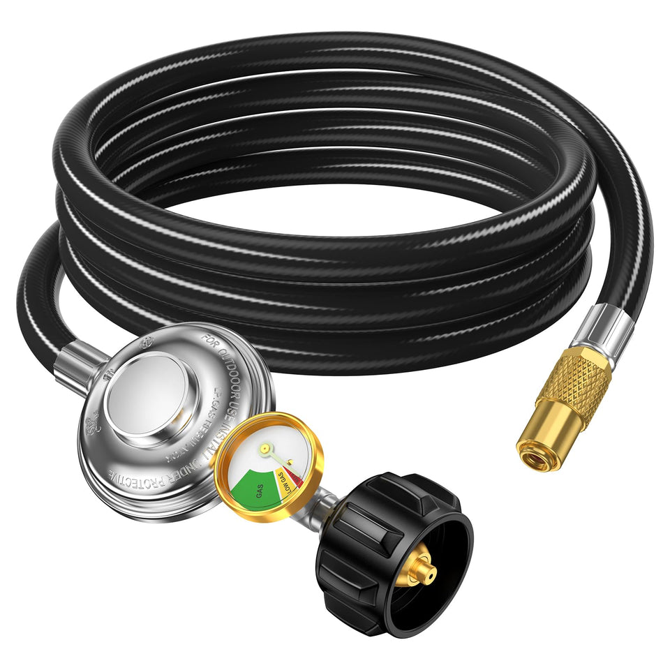 Alloxity propane regulator with hose shows easy gas flow for outdoor grilling
