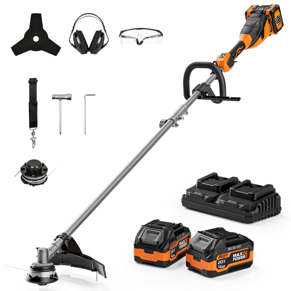 Alloyman 40V Max cordless string trimmer front view for easy maneuverability.