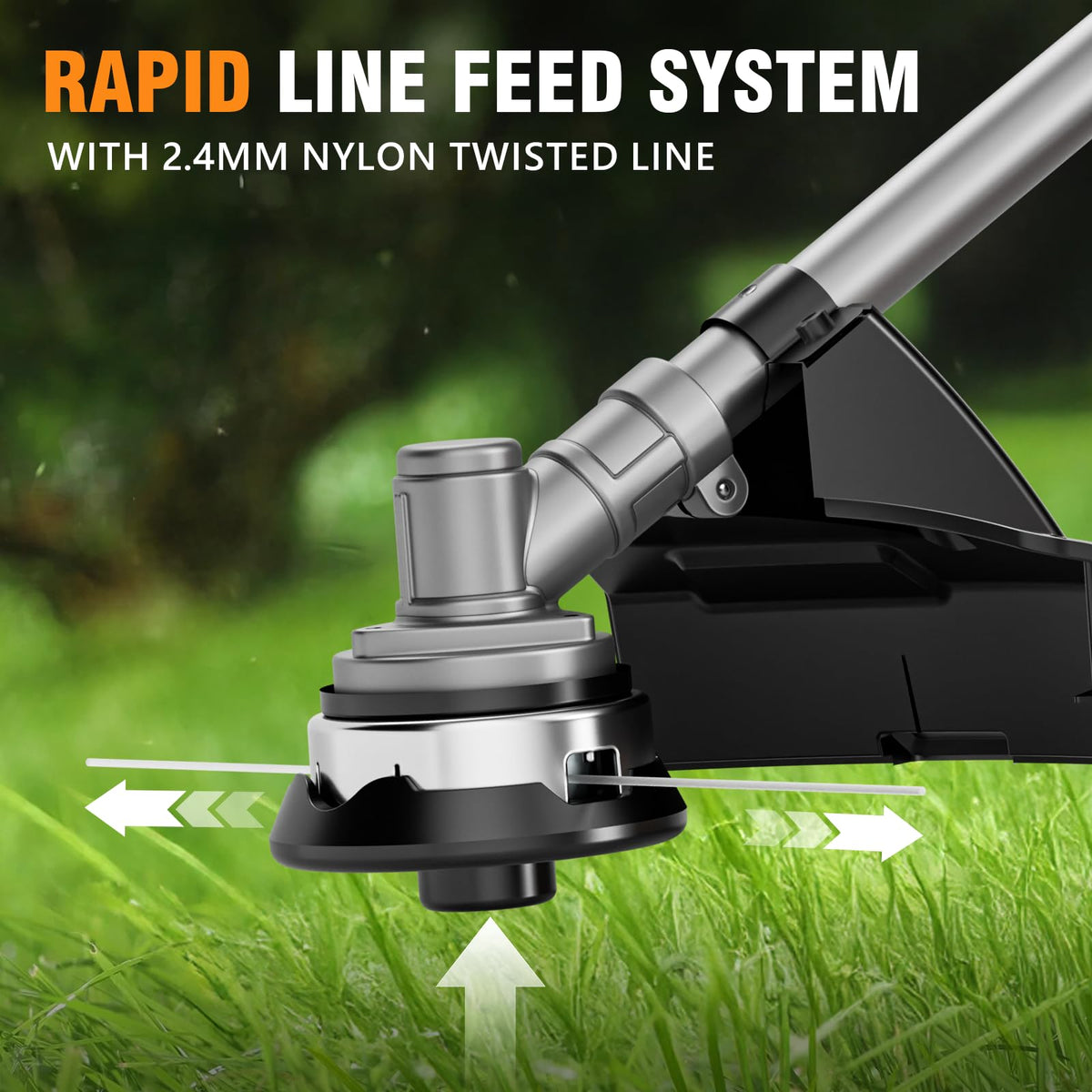 Alloyman cordless trimmer highlighting rapid line feed for uninterrupted work.