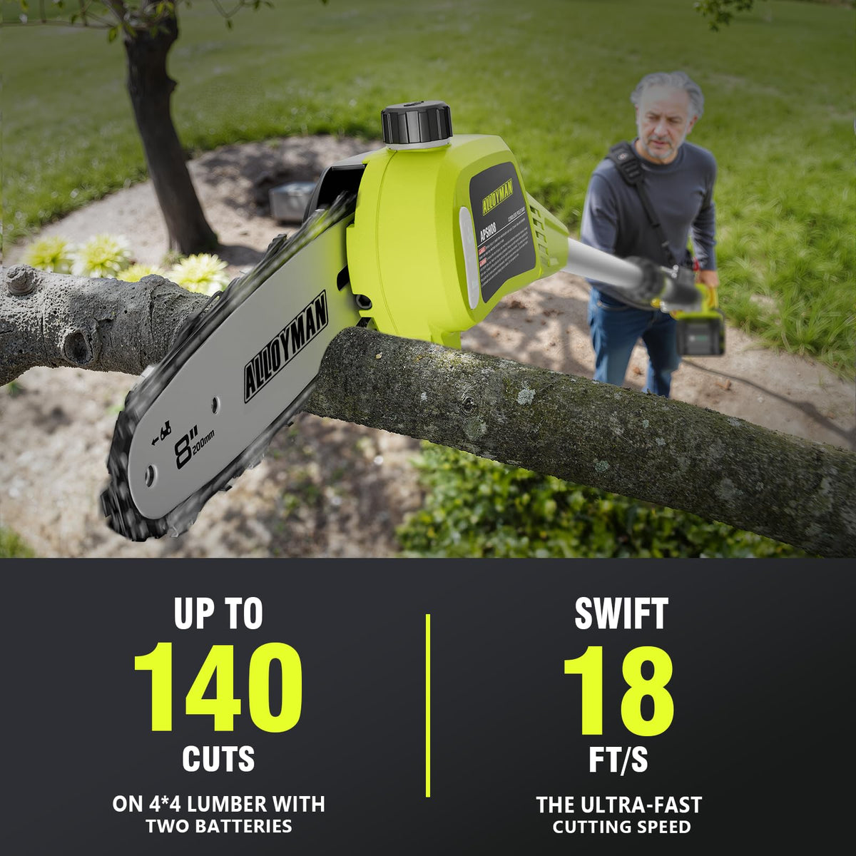 Alloyman pole saw delivers fast, clean cuts with high chain speed.