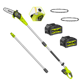 Alloyman cordless pole saw with extended pole for overhead pruning.