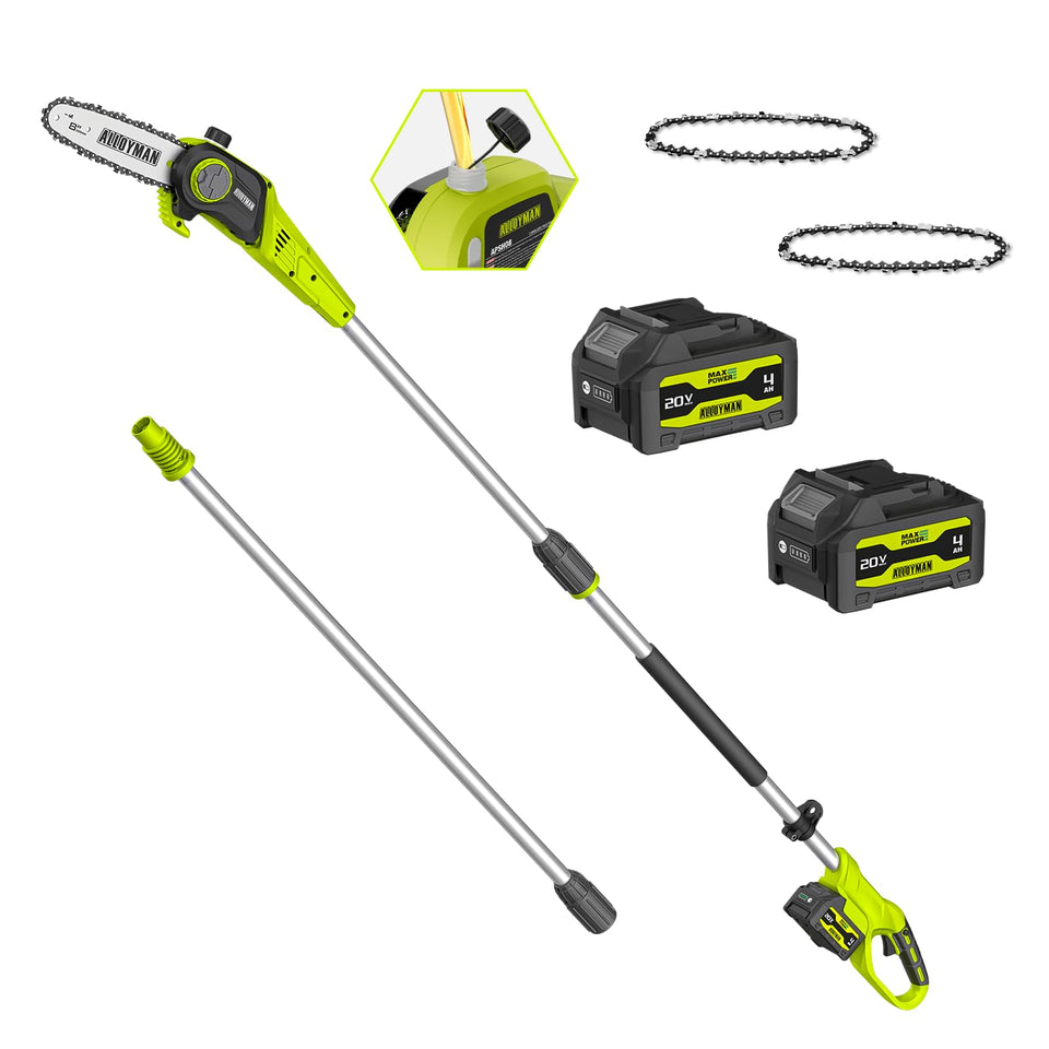 Alloyman cordless pole saw with extended pole for overhead pruning.