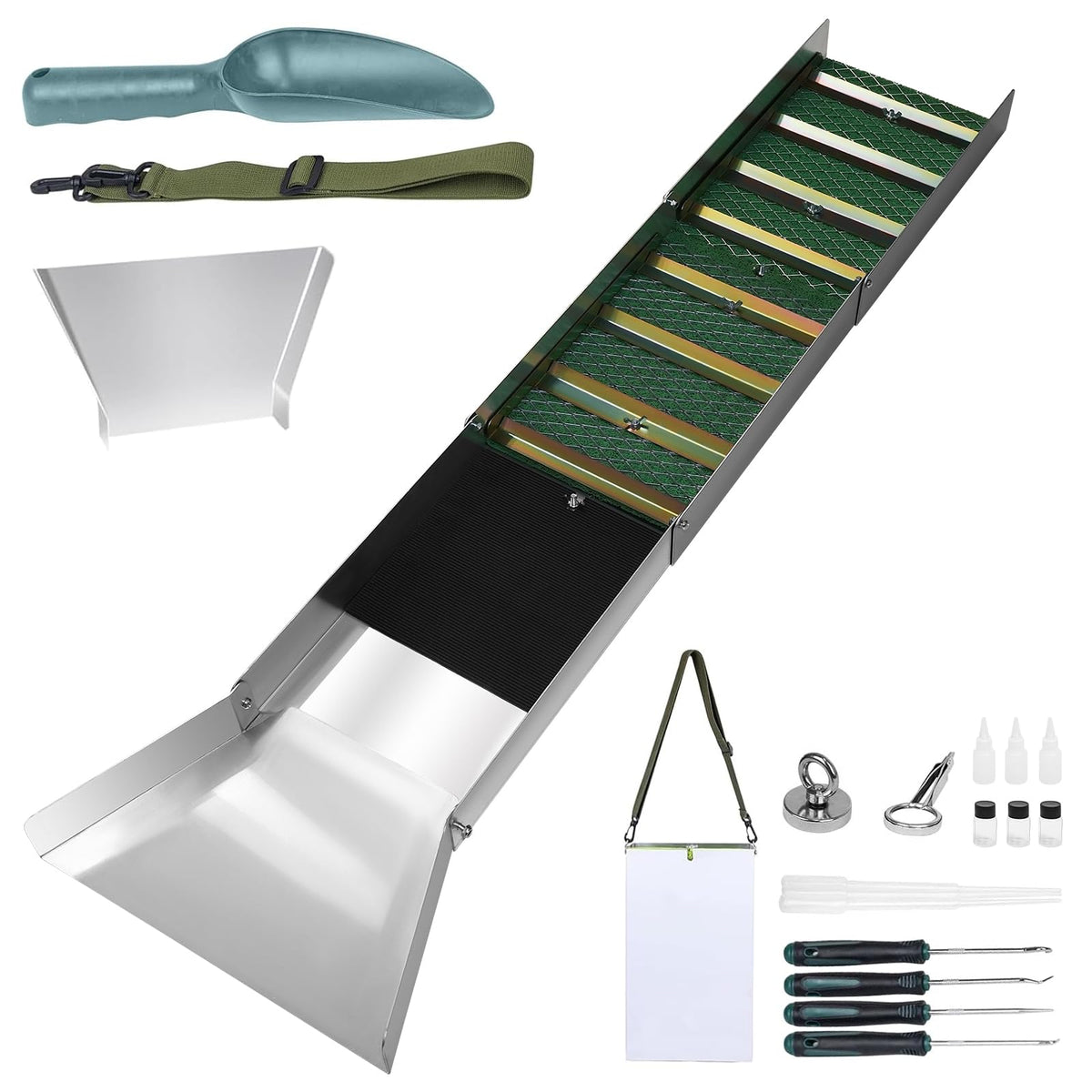 ALLOYNIX 50-inch folding sluice box folded for easy transport and storage.