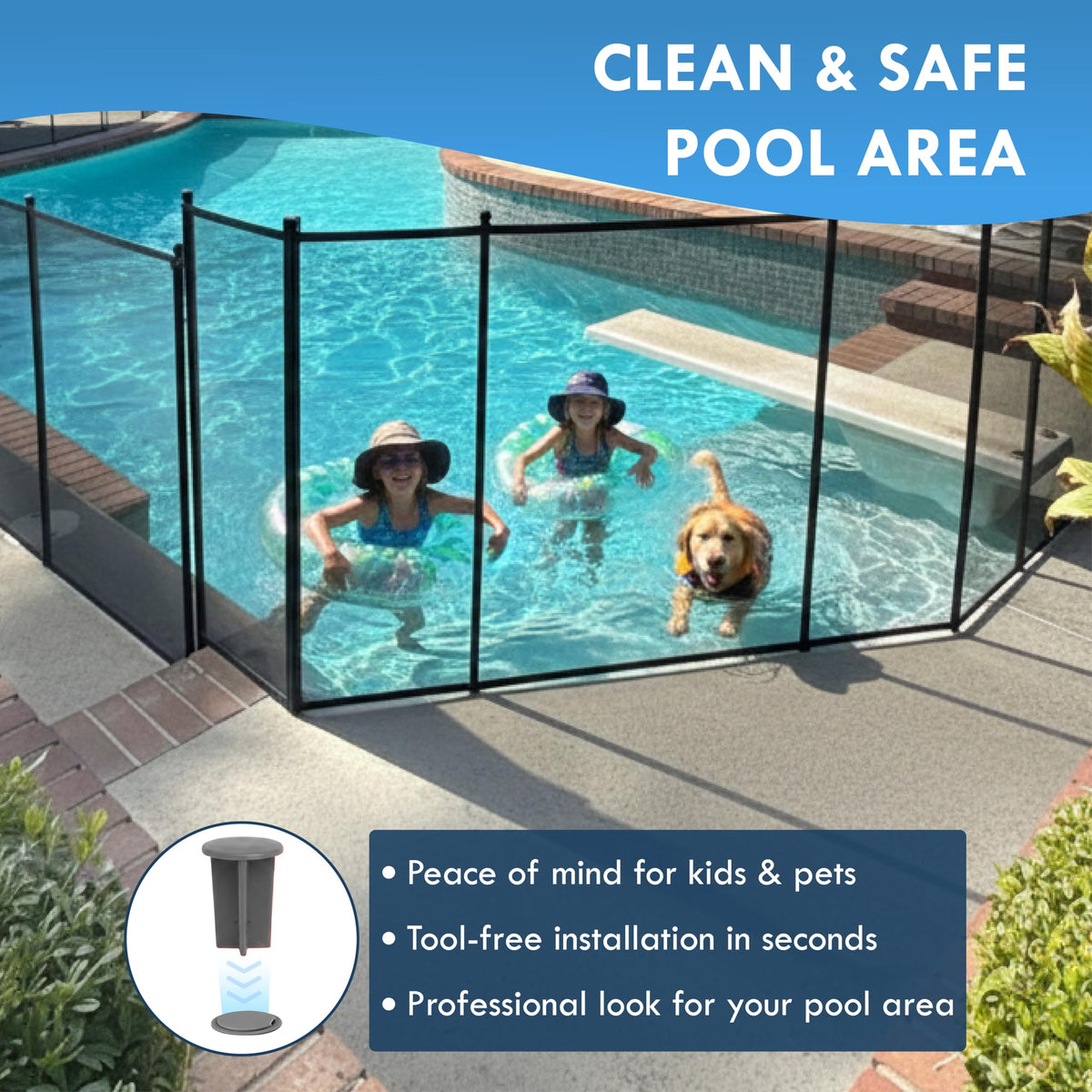 ALLSAFE pool fence deck sleeve installed, showing 1-inch pole fit.