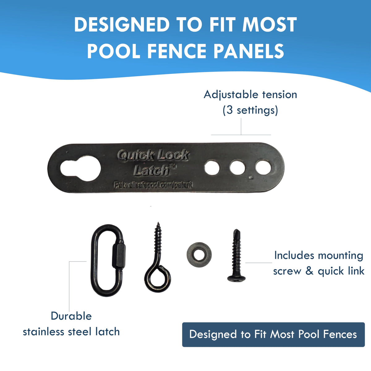 AllSafe pool fence lock kit with latch, screw, spacer, quick-link, and eye screw