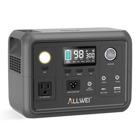ALLWEI 300W portable power station front view powering devices during outdoor adventures
