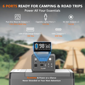 ALLWEI 300W in use during camping keeps lights and devices alive