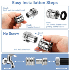Almighty Tools stainless-steel connector packaging emphasizes durable hardware for daily watering tasks.