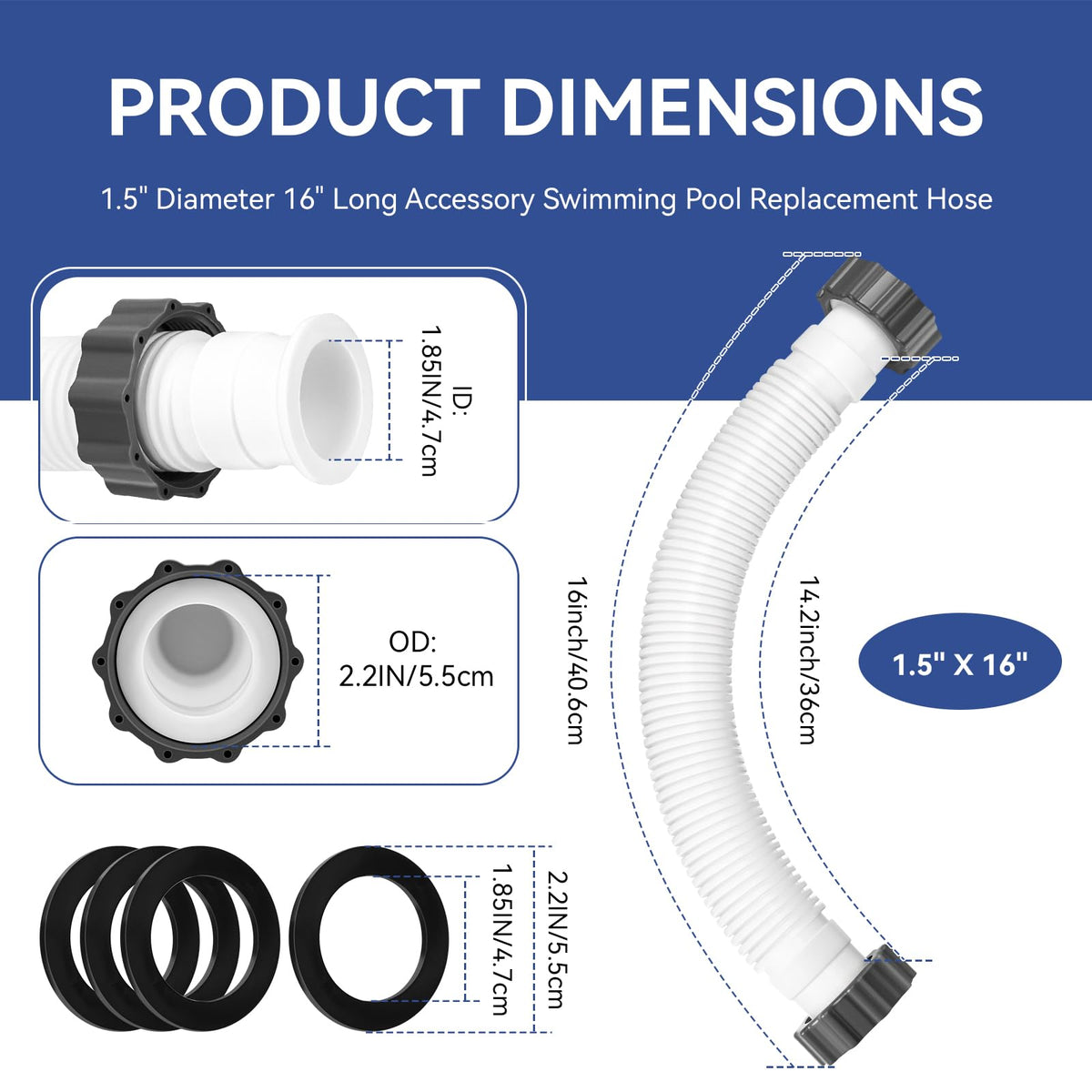 Alocs 16-inch pool hose highlights durability for sun and seasonal use.