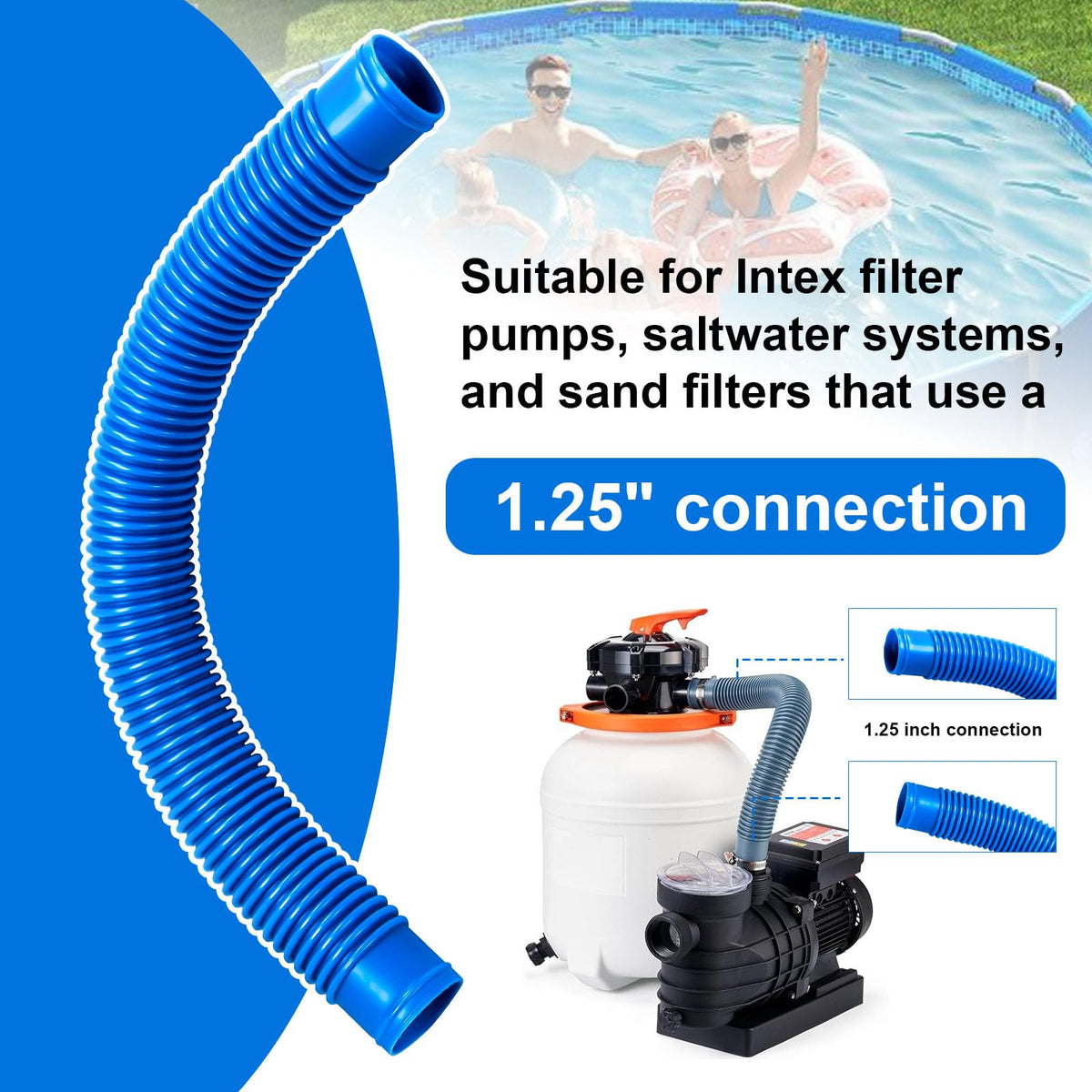 Alocs blue 2-pack hose compatible with sand filters and salt systems.