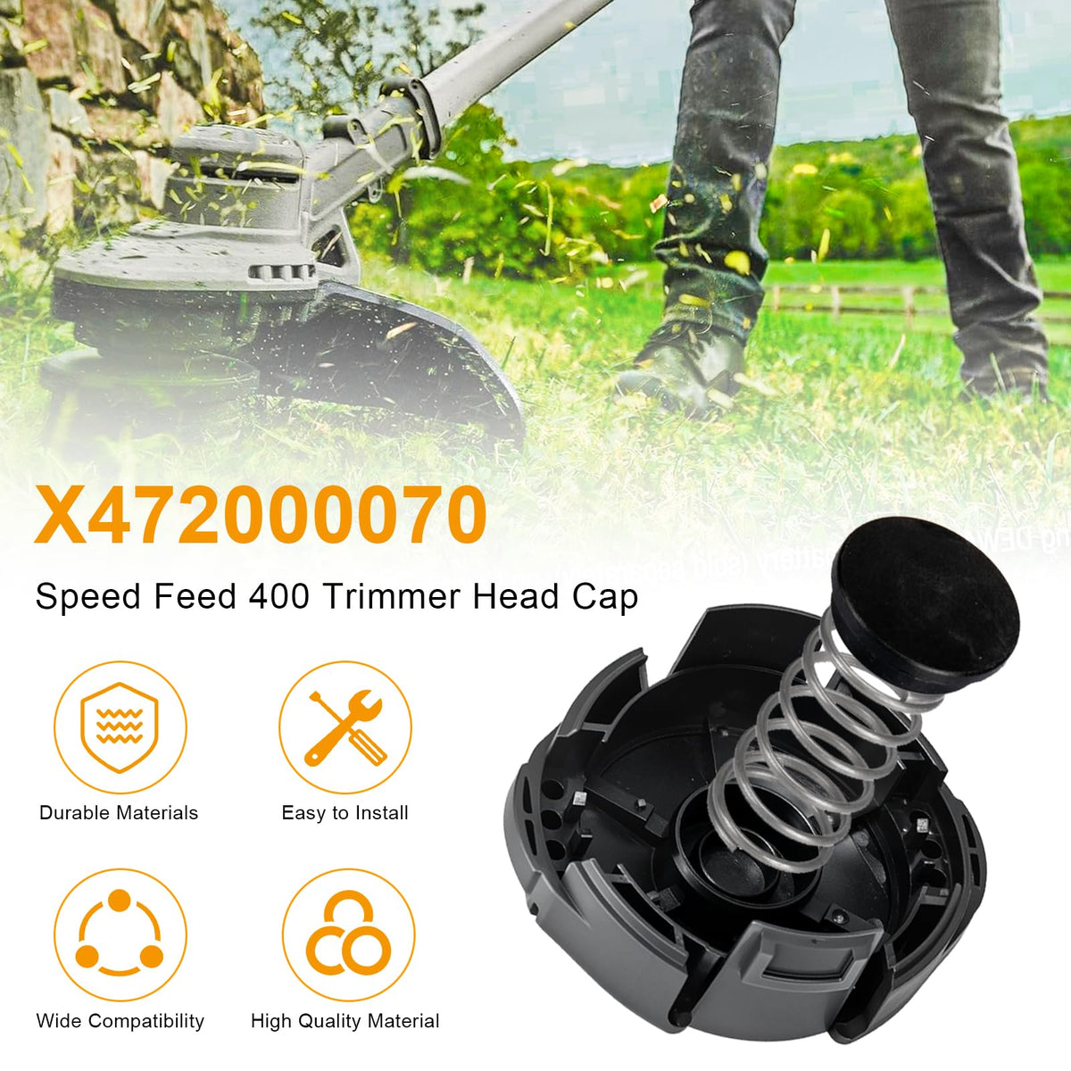 Alocs Speed Feed 400 cap compatibility with Echo SRM heads for reliable fit.