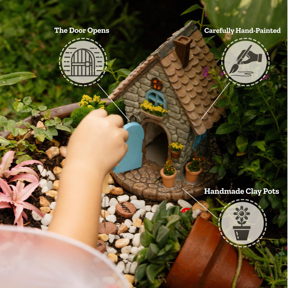 ALOVAK Garden accents including mushrooms, fence, stepping stones create a complete scene.