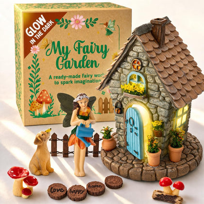 ALOVAK Fairy Garden Kit with illuminated fairy house glowing at dusk for outdoor charm.