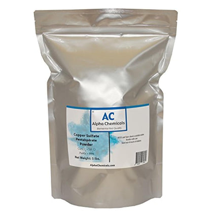 Alpha Chemicals Copper Sulfate Pentahydrate powder in a resealable bag for crystal growth experiments.