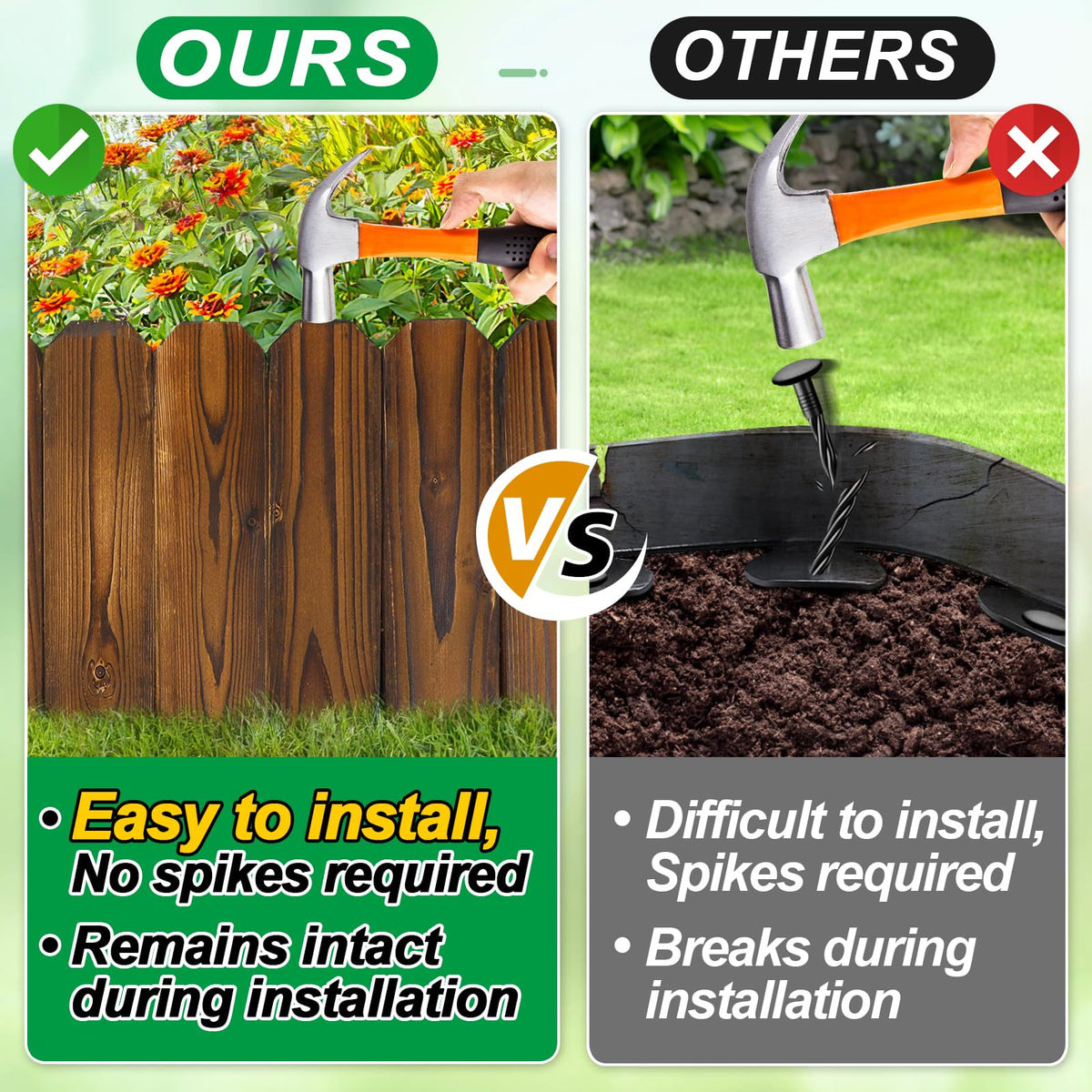 Alphatool easy install pointed ends enable quick anchoring into soil for edging.