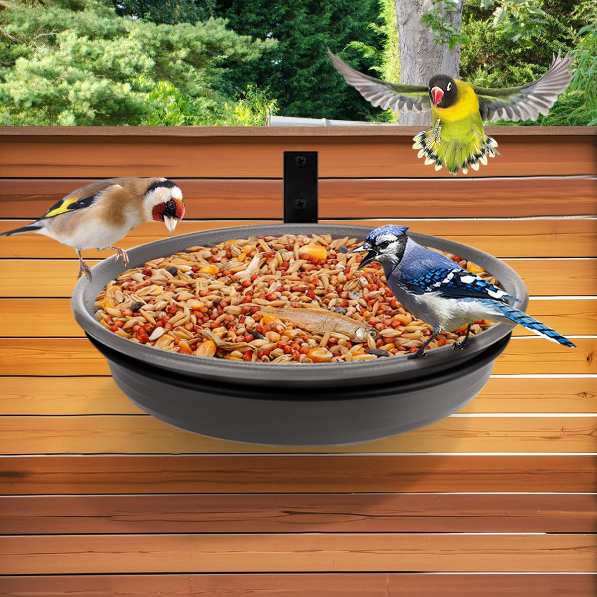 Alphatool fence bird feeder tray gray mounted on a tree for natural backyard viewing.