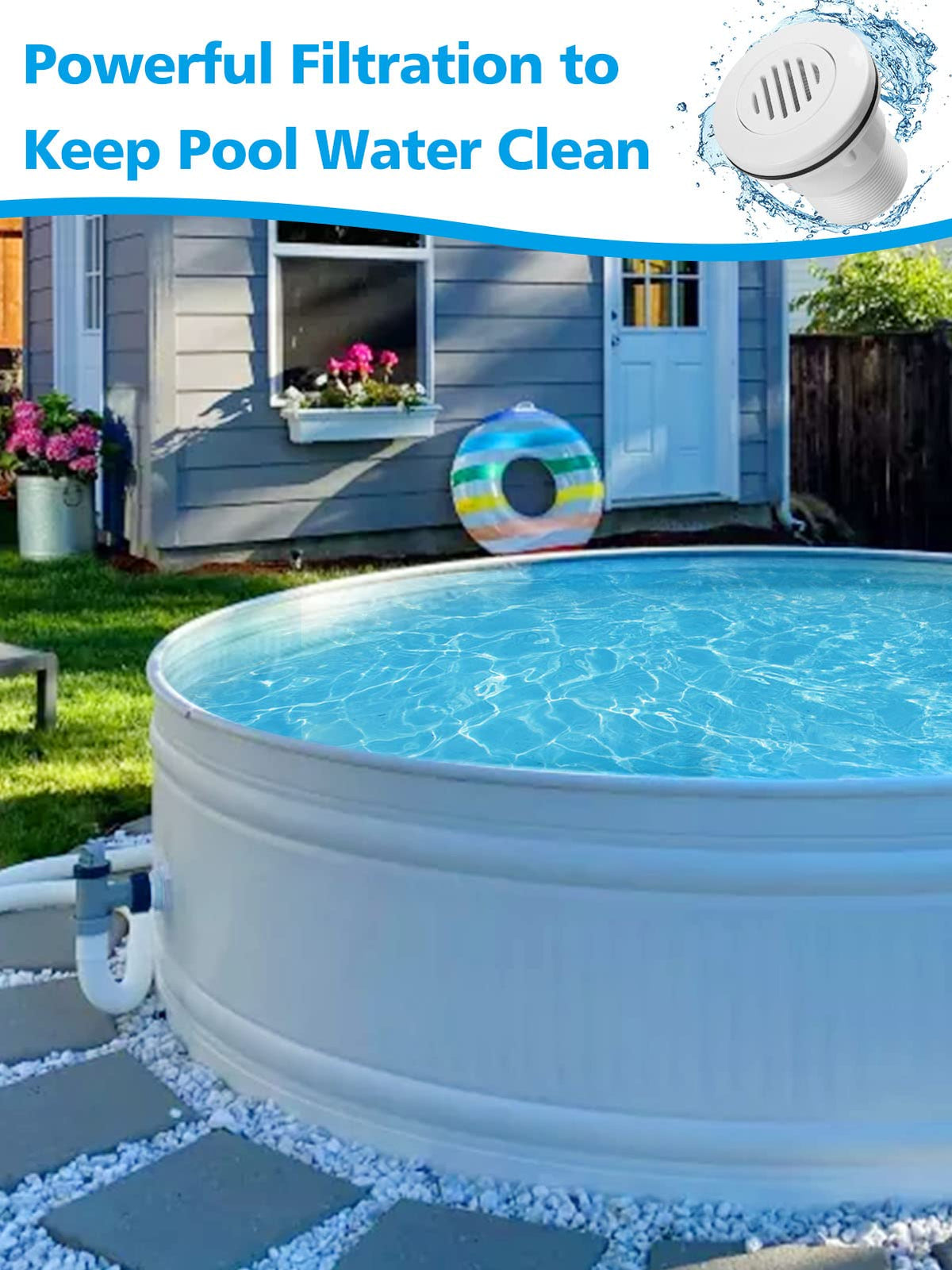 Alphatool filter pump hose connection compatible with 1-1/2 inch hoses.