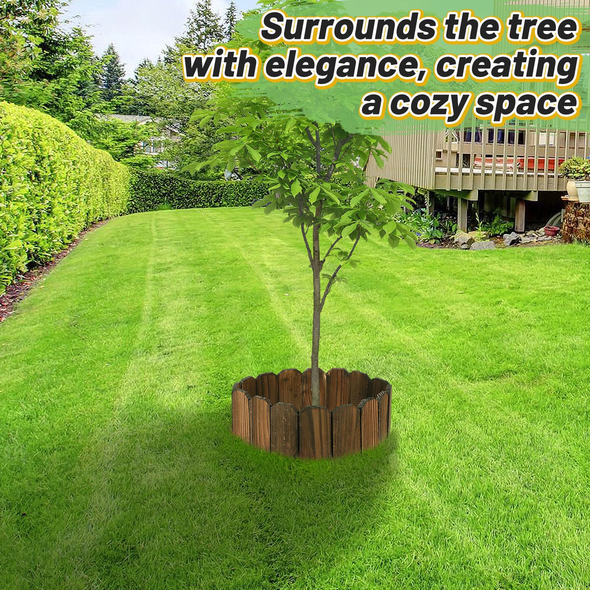 Alphatool Rustic Pine Edge yard visual demonstrates border defining paths and lawns