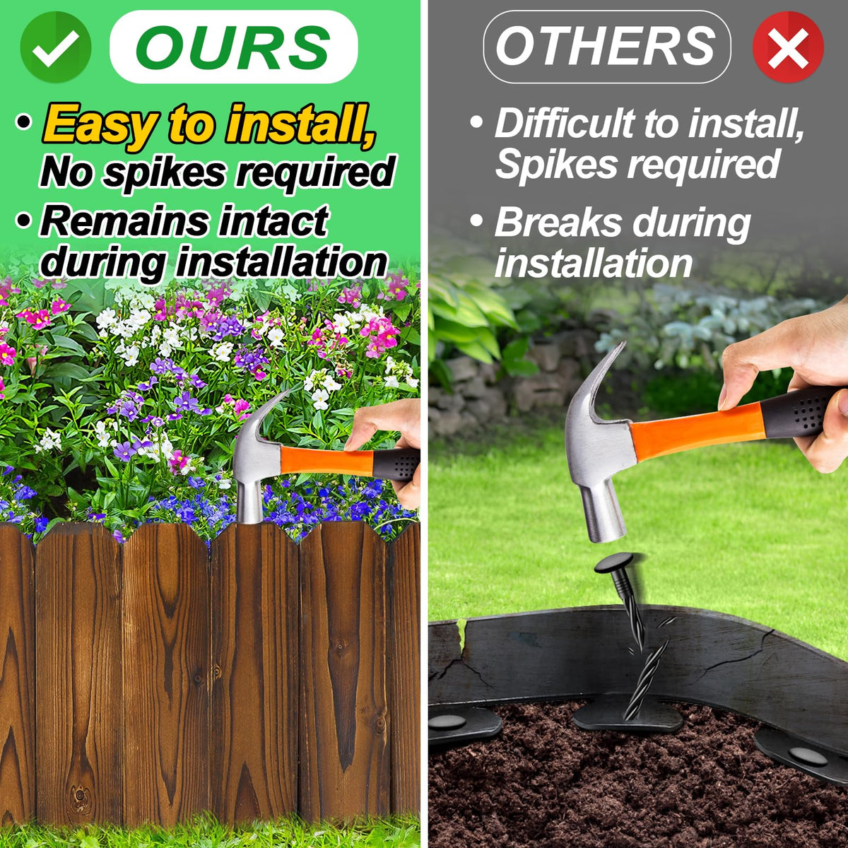 Alphatool rustic pine garden fence panel 3 demonstrates easy soil insertion and quick setup