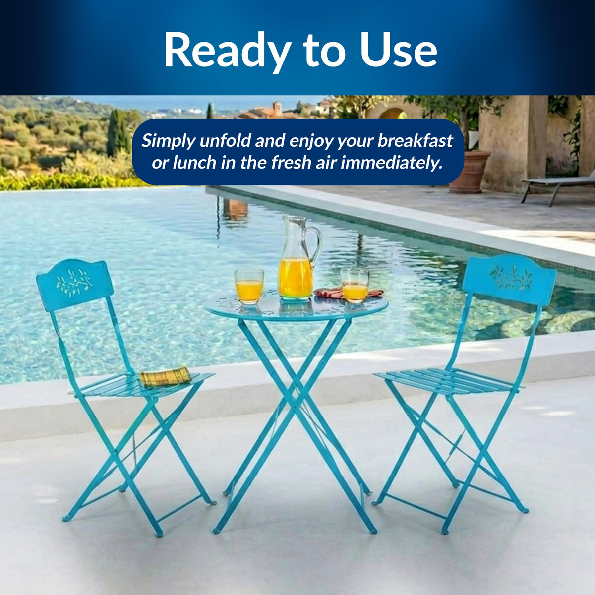 Alpine Bistro Set blue finish brightens spaces for casual meals.