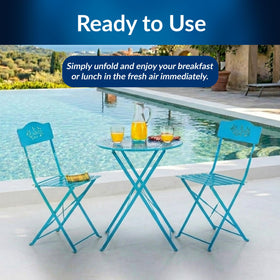 Alpine Bistro Set blue finish brightens spaces for casual meals.