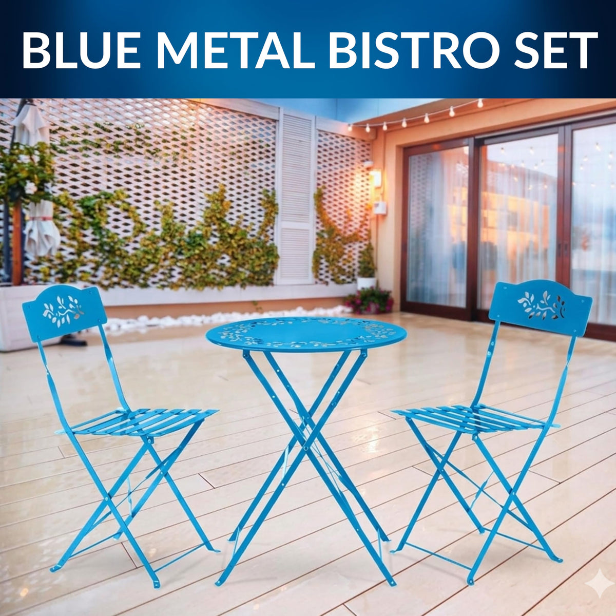 Alpine Bistro Set chairs blue-slats deliver comfortable seating with water-drainable slats.