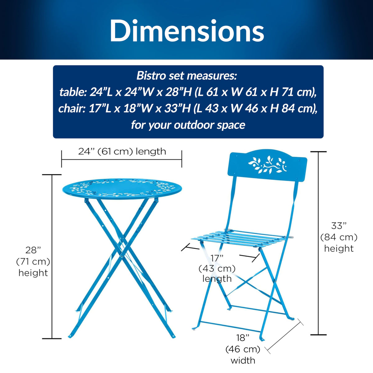 Alpine Bistro Set steel construction resists rust and wear in all seasons.