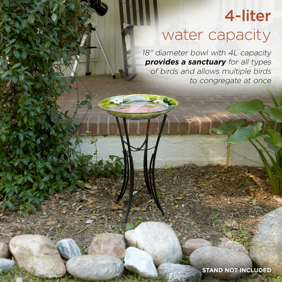 Alpine birdbath shows an 18-inch round glass bowl for outdoor decor.